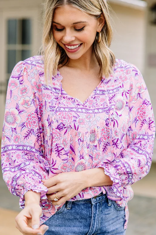 Make It Count Pink Mixed Print Blouse Silky Draped Blouse