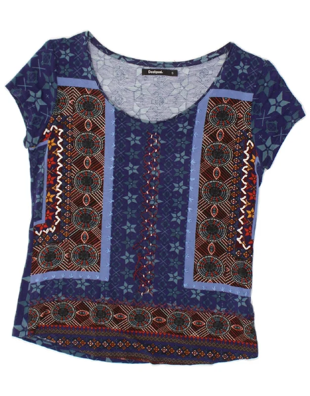 DESIGUAL Womens Blouse Top UK 10 Small Blue Fair Isle Viscose Semi-Sheer Blouse
