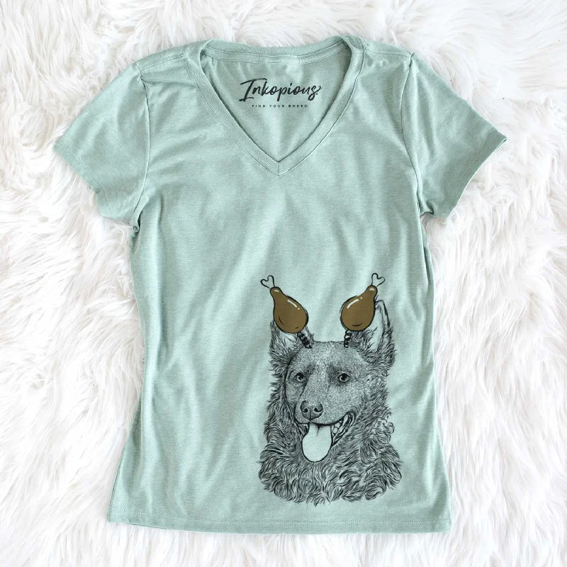 Thanksgiving Maximo the Mudi - Women's V-neck Shirt-- Beaded Sequined Faux Fur