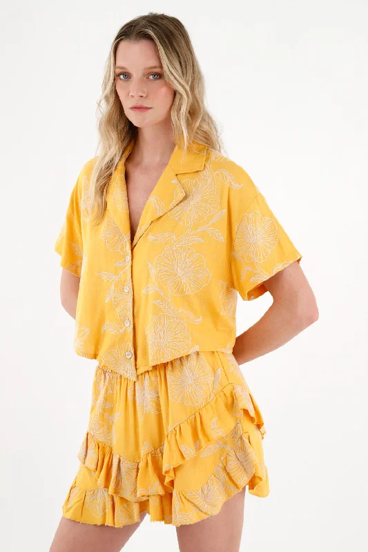 Women's Yellow Shirt with Floral Embroidery-- Hooded Caped Shawl Collar