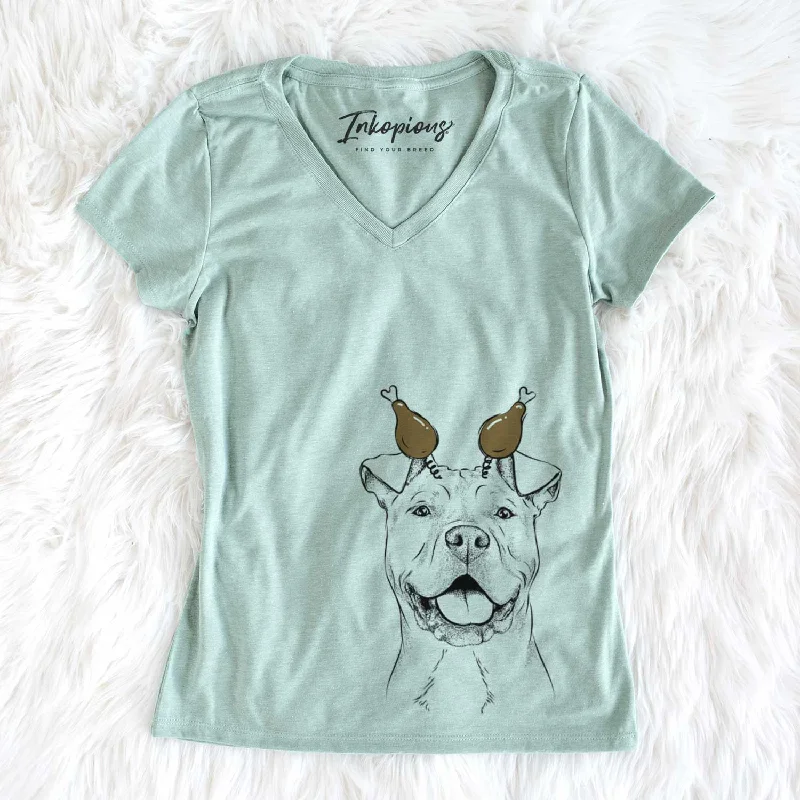 Thanksgiving Bubba Scraps the American Staffordshire Mix - Women's V-neck Shirt-- Graphic T-Shirt Round Neck Polyester Thanksgiving Bubba Scraps the American Staffordshire Mix - Women's V-neck Shirt-- Graphic T-Shirt Round Neck Polyester