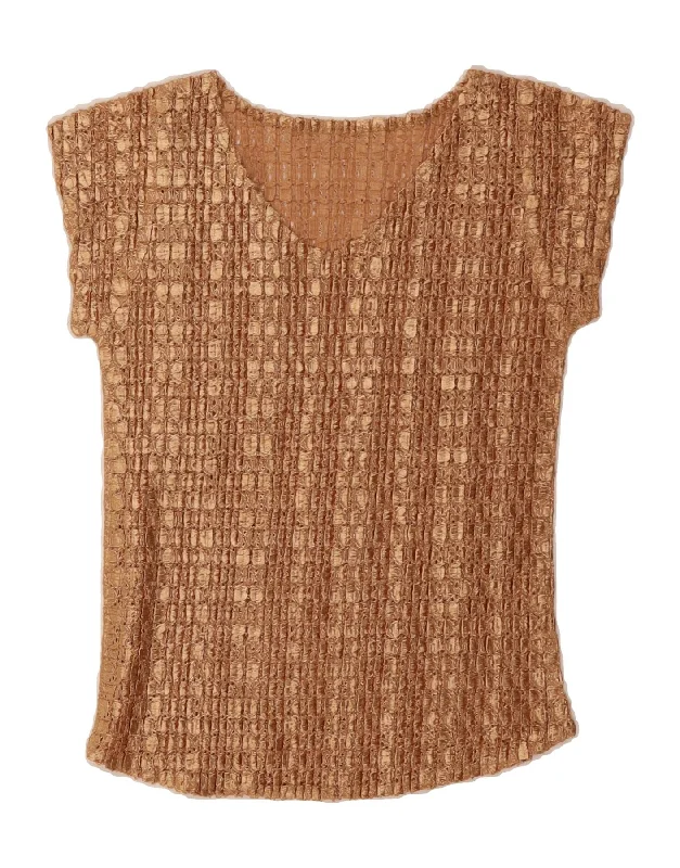 VINTAGE Womens Blouse Top UK 8 Small Brown Striped Chic Sleeveless Blouse
