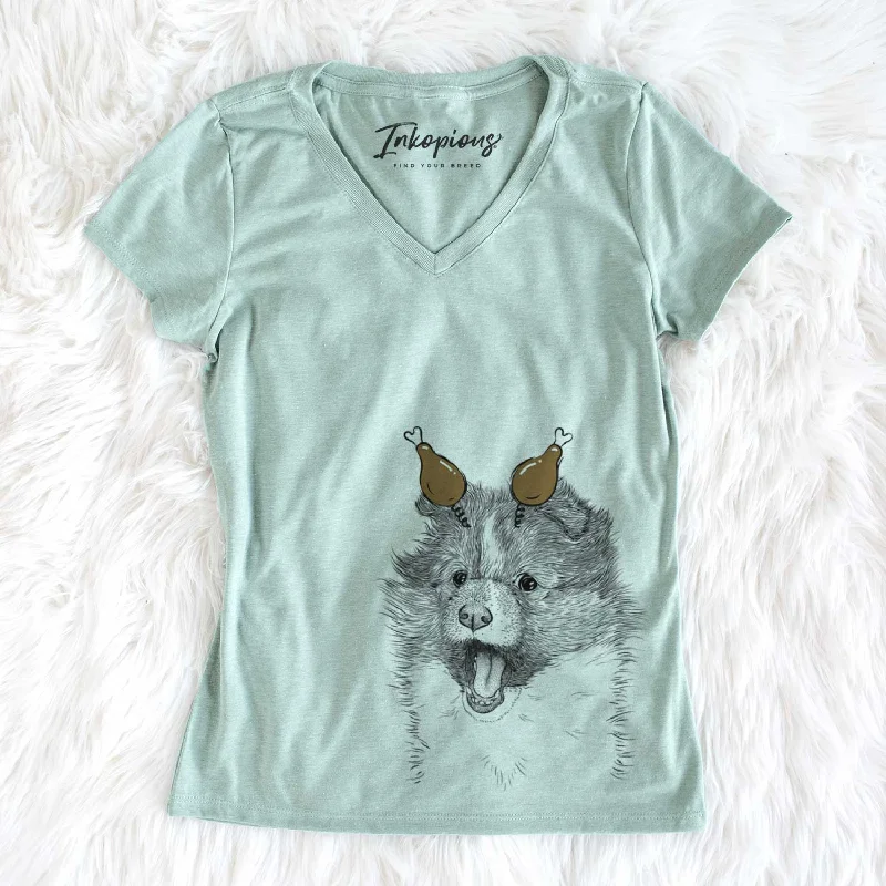 Thanksgiving Dylan the Shetland Sheepdog - Women's V-neck Shirt-- Solid Color Striped Floral Thanksgiving Dylan the Shetland Sheepdog - Women's V-neck Shirt-- Solid Color Striped Floral