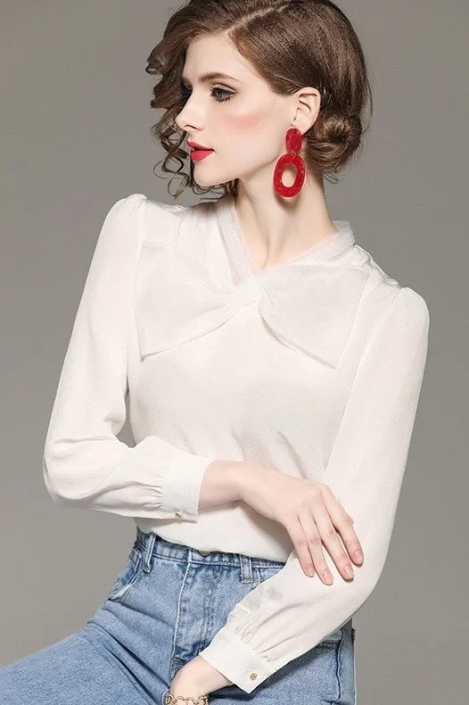 White Chiffon Blouse W/ Bow Tie Versatile Layering Blouse