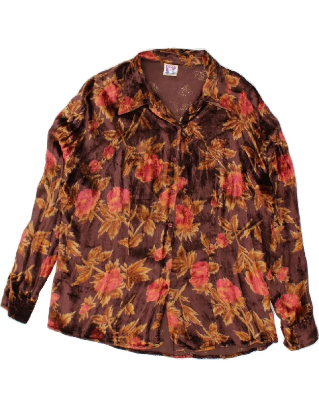 YESSICA Womens Shirt Blouse UK 18 XL  Brown Floral Viscose Oversized Silk Blouse