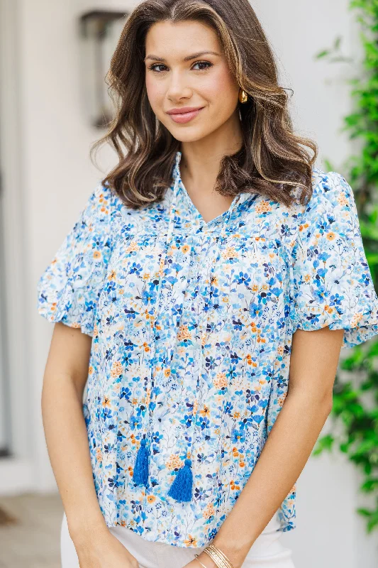 Remember You Well Blue Floral Blouse Mandarin Collar Blouse