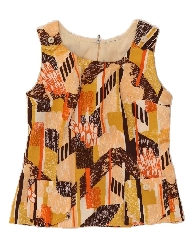VINTAGE Womens Sleeveless Blouse Top UK 8 Small Yellow Striped Delicate Pleat Blouse