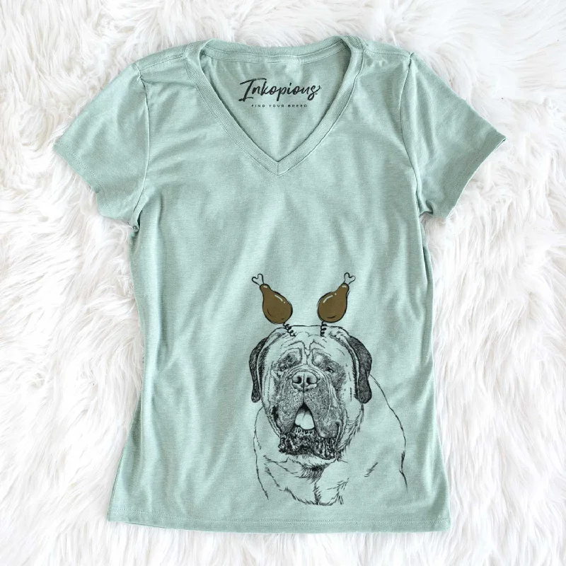Thanksgiving Jed the English Mastiff - Women's V-neck Shirt-- Anti-Pilling Machine Wash Handmade Thanksgiving Jed the English Mastiff - Women's V-neck Shirt-- Anti-Pilling Machine Wash Handmade