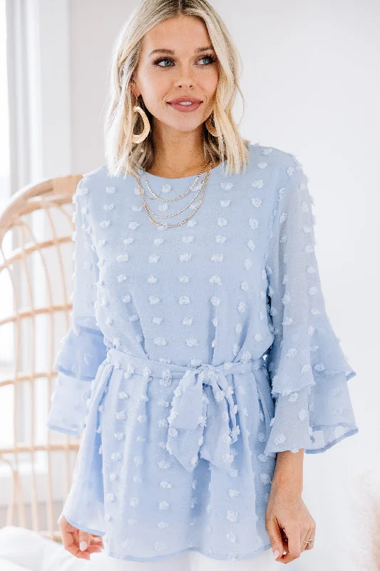 Somewhere To Go Sky Blue Swiss Dot Blouse Frilled Cuff Blouse