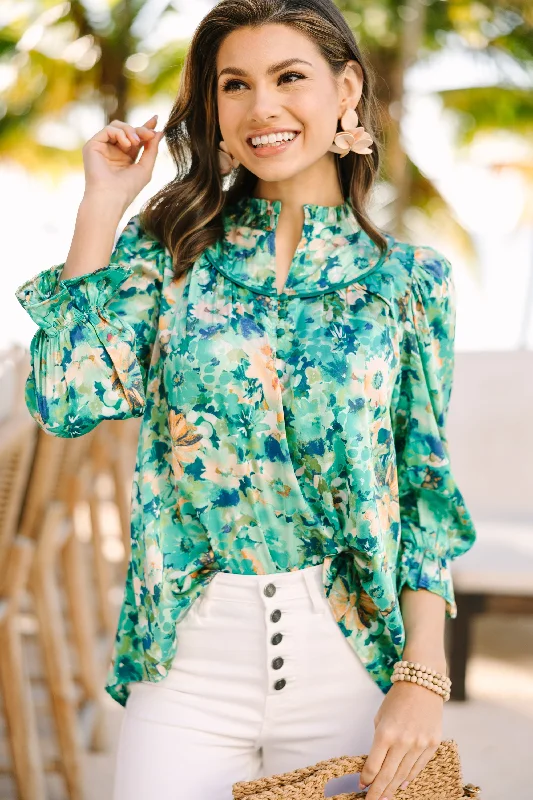 Wherever You Go Emerald Green Floral Blouse Feminine Tie Blouse