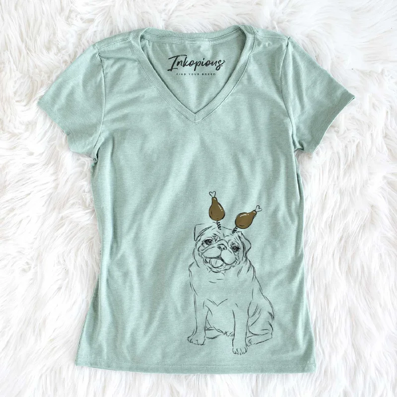 Thanksgiving Higgins the Pug - Women's V-neck Shirt-- Polka Dot Checkered Tartan