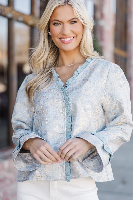 Where You're Going Slate Blue Floral Blouse Puff Sleeve Blouse