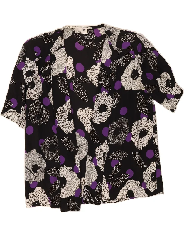 VINTAGE Womens Front Tie Blouse Top UK 20 2XL Black Floral Textured Cotton Blouse