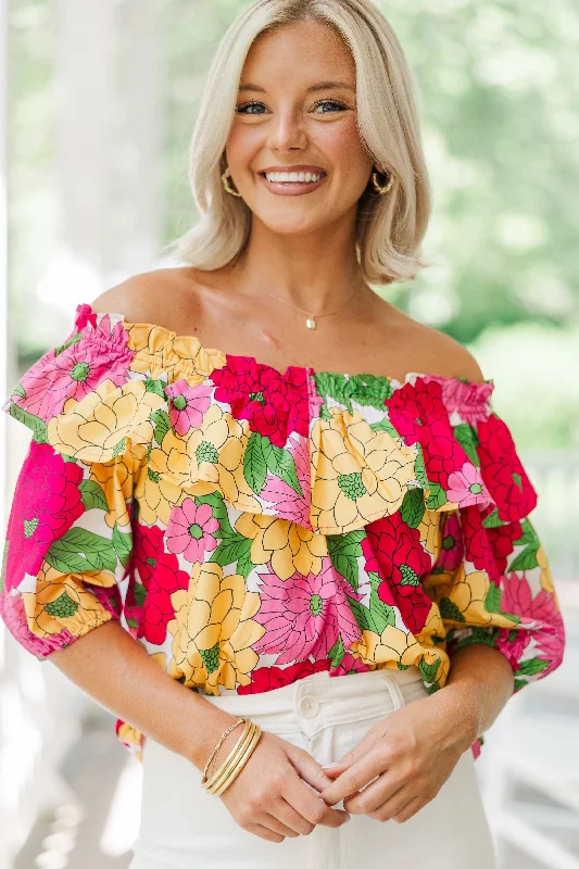 Back To Good Fuchsia Pink Floral Blouse Satin Bow Blouse