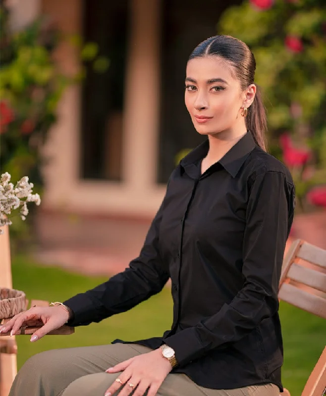 Pure Black Shirt (Women)-- Hooded Caped Shawl Collar