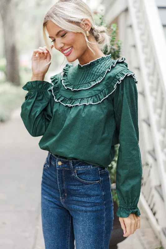 All For Fun Hunter Green Ruffled Blouse Flowy Bohemian Blouse
