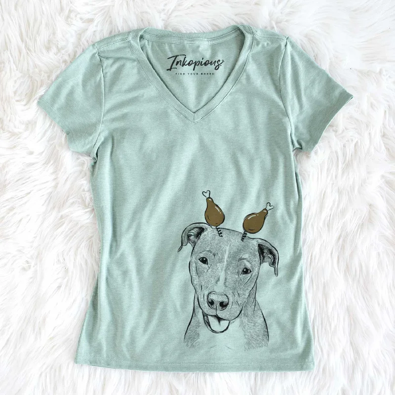 Thanksgiving Claiborne the American Staffordshire Terrier - Women's V-neck Shirt-- Fleece Nylon Spandex Thanksgiving Claiborne the American Staffordshire Terrier - Women's V-neck Shirt-- Fleece Nylon Spandex