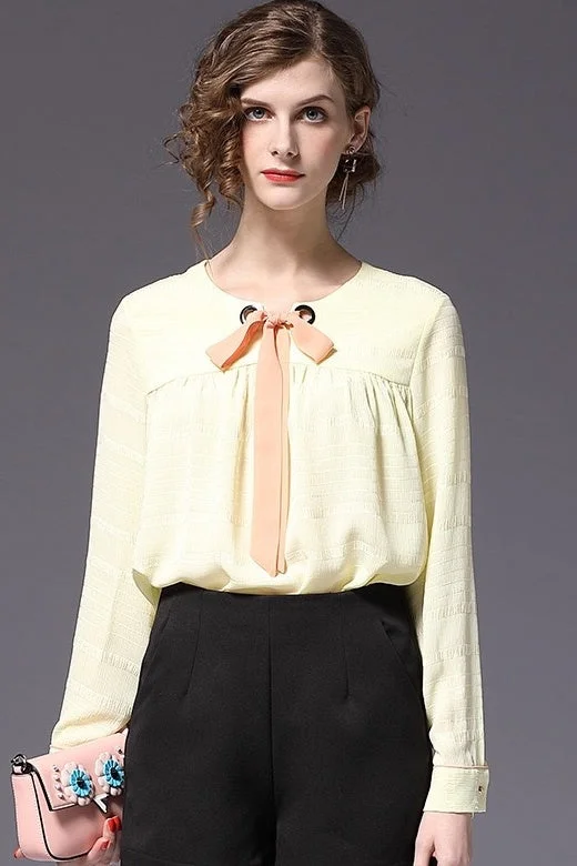 Chiffon Blouse W/ Bow Tie Chic Ruffle Blouse