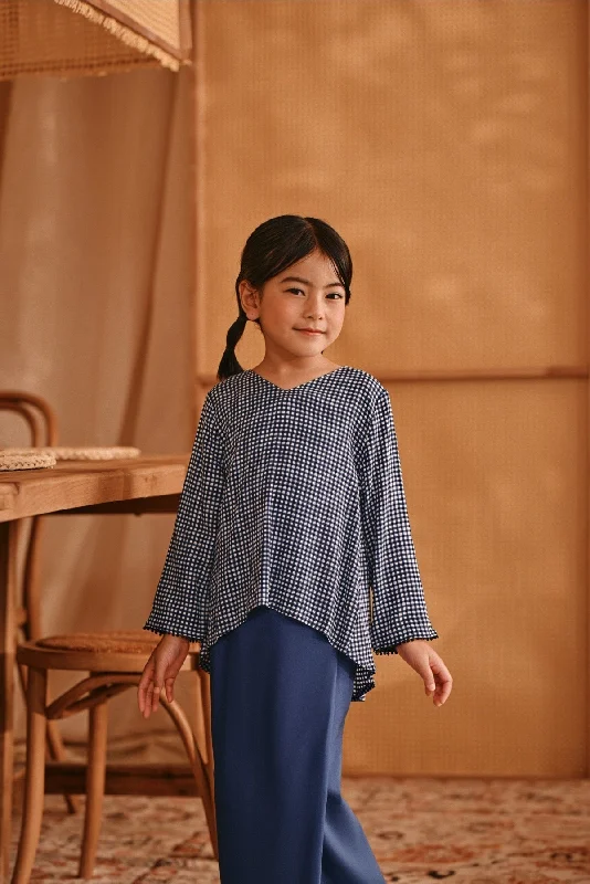 The Nest Flare Blouse - Blue Checked Gathered Detail Blouse