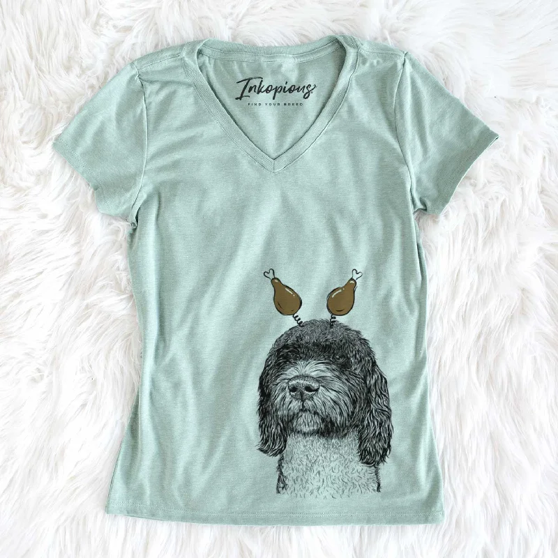 Thanksgiving Chris the Portuguese Water Dog - Women's V-neck Shirt-- Mesh Canvas Denim Thanksgiving Chris the Portuguese Water Dog - Women's V-neck Shirt-- Mesh Canvas Denim