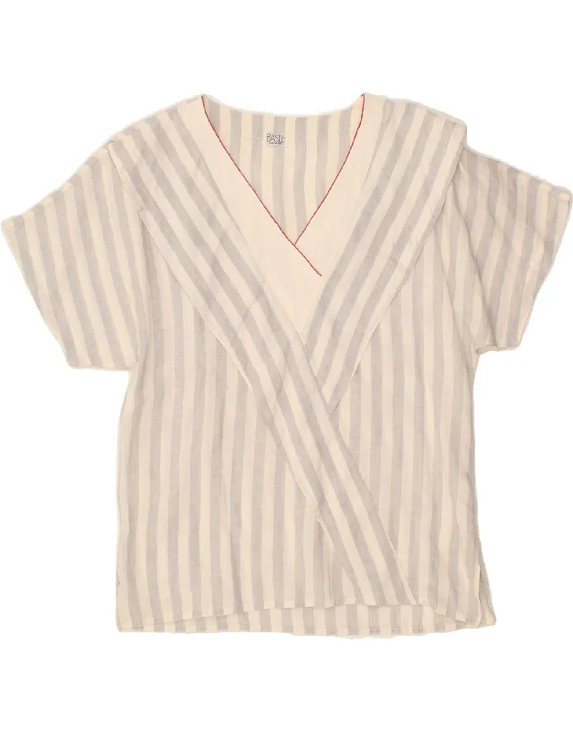 BASILE Womens Blouse Top UK 16 Large Beige Striped Linen Elegant Semi-Sheer Blouse