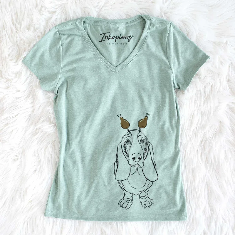 Thanksgiving Charlie the Basset Hound - Women's V-neck Shirt-- Denim Fabric Leather Fabric Suede Fabric Thanksgiving Charlie the Basset Hound - Women's V-neck Shirt-- Denim Fabric Leather Fabric Suede Fabric