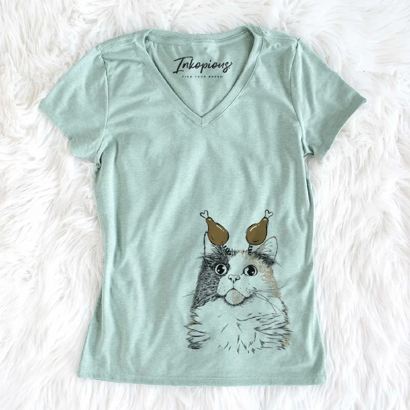 Thanksgiving Greta the Calico Cat - Women's V-neck Shirt-- Polka Dot Checkered Tartan Thanksgiving Greta the Calico Cat - Women's V-neck Shirt-- Polka Dot Checkered Tartan
