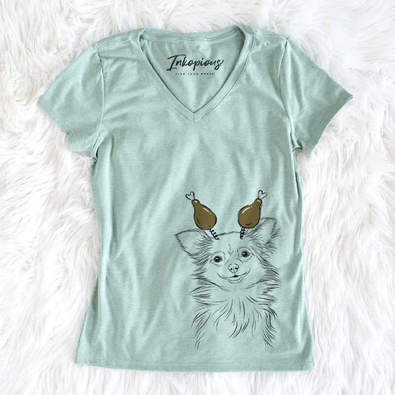 Thanksgiving Marzi the Long Haired Chihuahua - Women's V-neck Shirt-- Striped Floral Plaid Thanksgiving Marzi the Long Haired Chihuahua - Women's V-neck Shirt-- Striped Floral Plaid