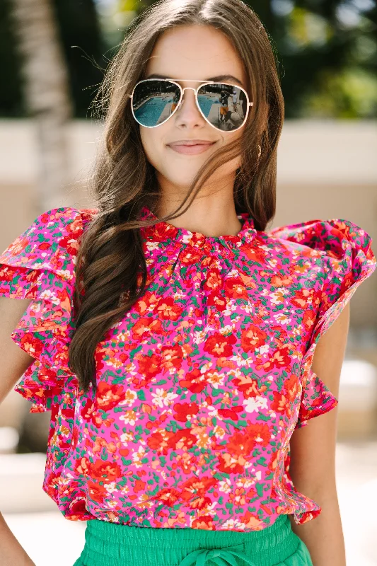 On Your Heart Fuchsia Pink Ditsy Floral Blouse Subtle Shimmer Blouse
