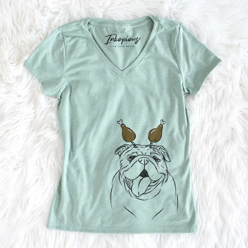 Thanksgiving Missy Moo the English Bulldog - Women's V-neck Shirt-- Collared T-Shirt Boat Neck A-Line