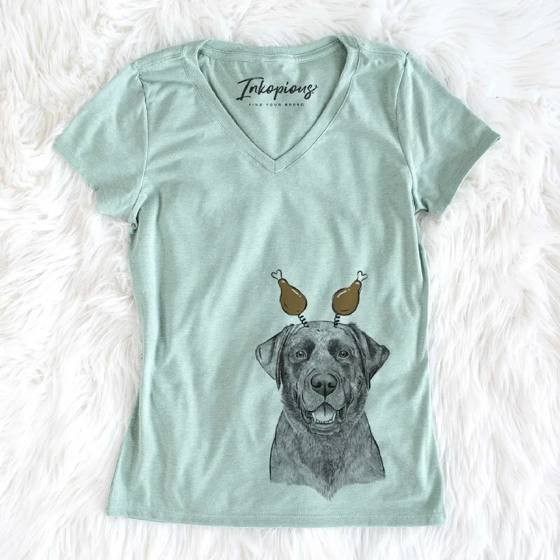 Thanksgiving Heath the Black Lab - Women's V-neck Shirt-- Front Pockets Side Pockets Patch Pockets
