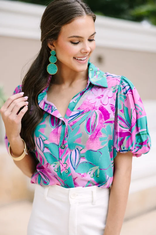 Take Your Chances Teal Green Floral Blouse Side Tie Blouse