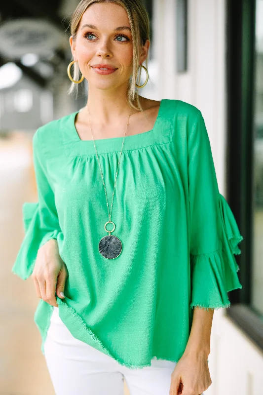 On Your Side Lime Green Linen Blouse Balloon Sleeve Blouse
