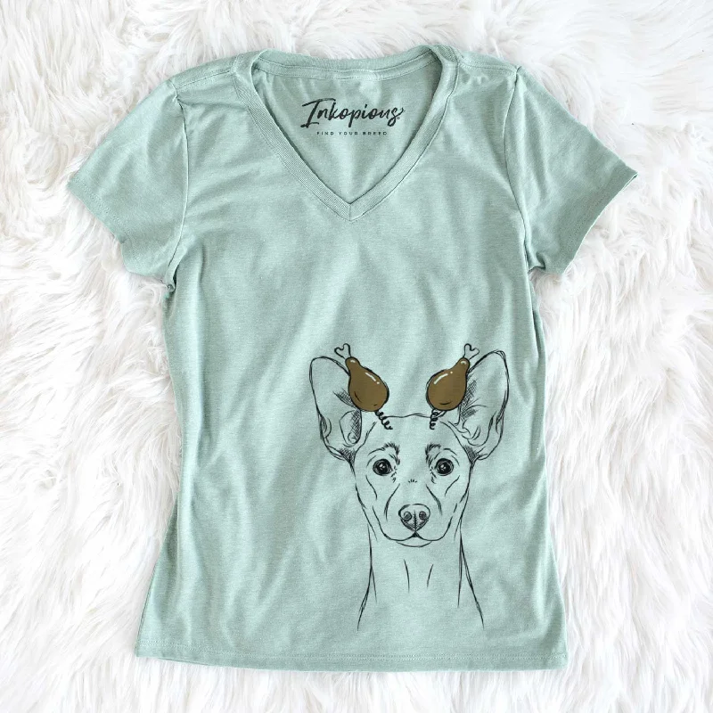 Thanksgiving Chillie the Mini Pinscher - Women's V-neck Shirt-- Real Fur Shearling Chenille Thanksgiving Chillie the Mini Pinscher - Women's V-neck Shirt-- Real Fur Shearling Chenille