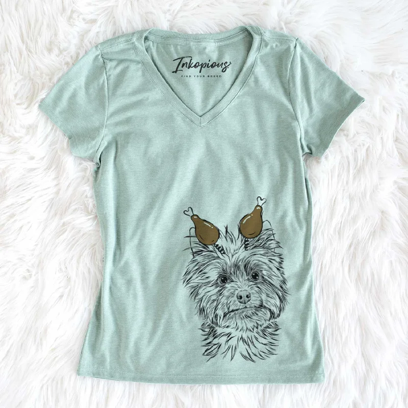 Thanksgiving Dakota the Yorkshire Terrier - Women's V-neck Shirt-- Chenille Blend Fleece Blend Nylon Blend Thanksgiving Dakota the Yorkshire Terrier - Women's V-neck Shirt-- Chenille Blend Fleece Blend Nylon Blend