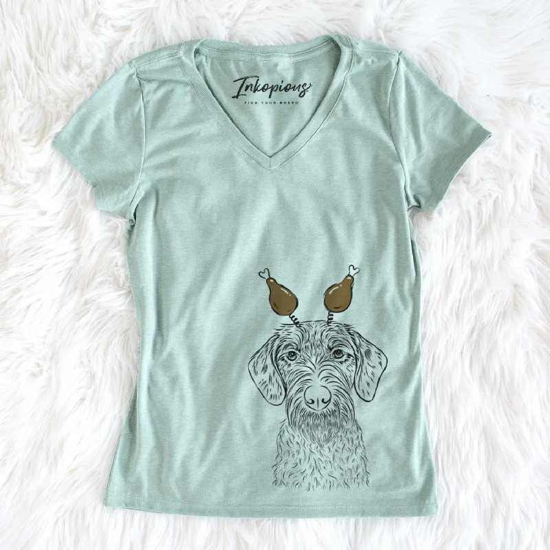 Thanksgiving Gus the German Wirehaired Pointer - Women's V-neck Shirt-- Ribbed Striped Patterned Thanksgiving Gus the German Wirehaired Pointer - Women's V-neck Shirt-- Ribbed Striped Patterned