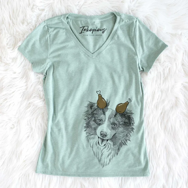 Thanksgiving Doc the Mini Aussie - Women's V-neck Shirt-- Anti-Shrink Durable Soft