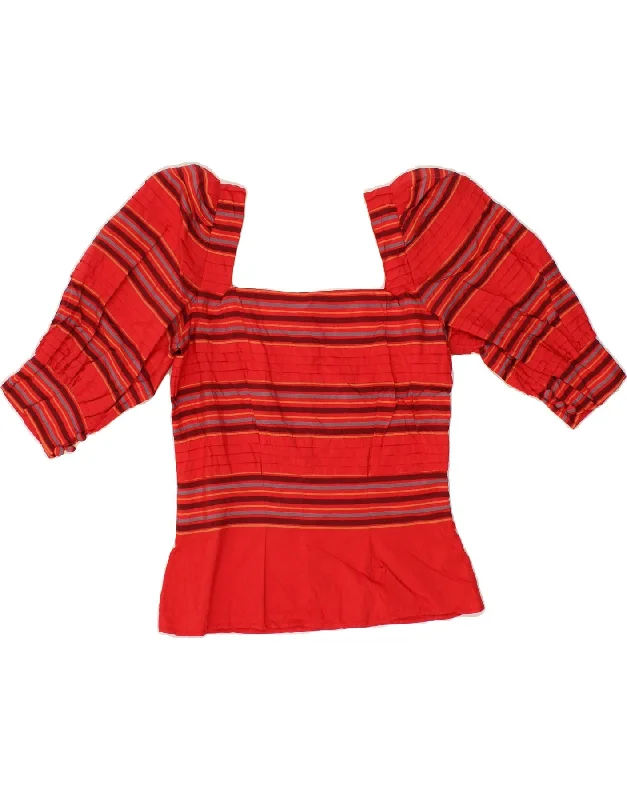 VINTAGE Womens 3/4 Sleeve Blouse Top UK 4 XS Red Striped Puff Sleeve Blouse