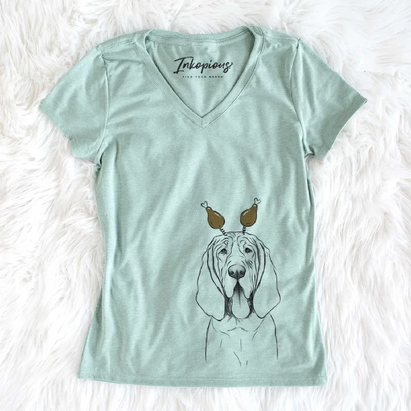 Thanksgiving Earl the Bloodhound - Women's V-neck Shirt-- Anti-Pilling Machine Wash Handmade Thanksgiving Earl the Bloodhound - Women's V-neck Shirt-- Anti-Pilling Machine Wash Handmade