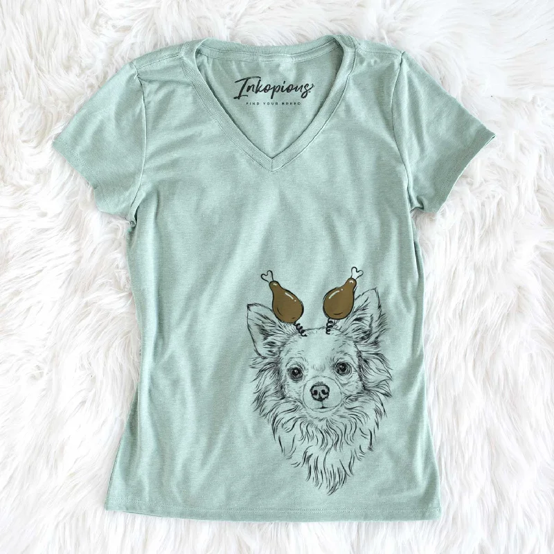 Thanksgiving Emma the Longhaired Chihuahua - Women's V-neck Shirt-- Embroidered Appliqued Beaded Thanksgiving Emma the Longhaired Chihuahua - Women's V-neck Shirt-- Embroidered Appliqued Beaded