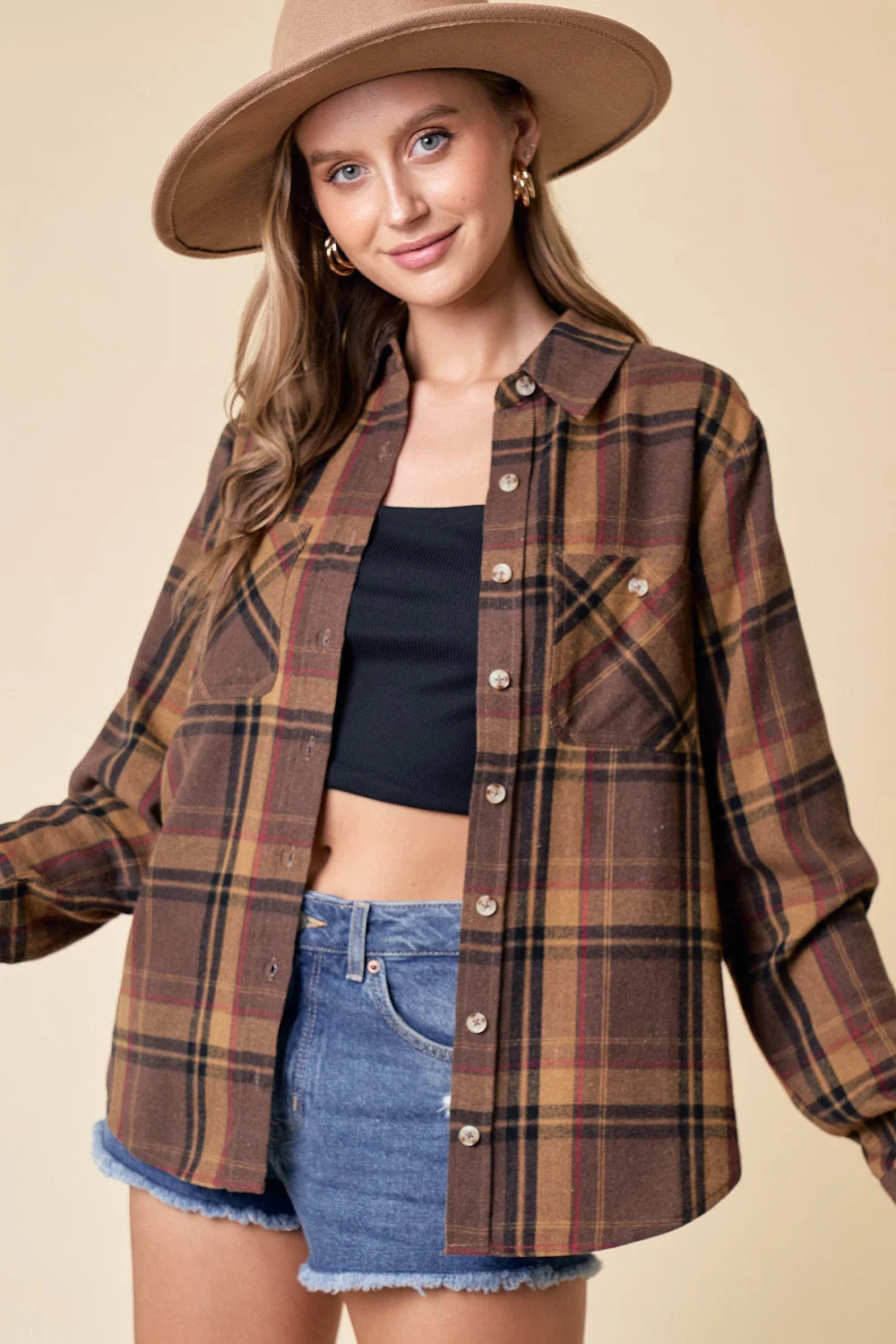 PLAID BUTTON DOWN OVERSIZED SHIRT-- Houndstooth Herringbone Solid