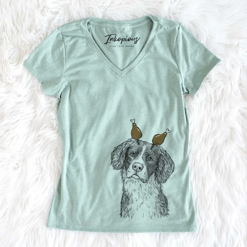 Thanksgiving Dulce  the Drentsche Patrijshond - Women's V-neck Shirt-- Elegant Classic Vintage
