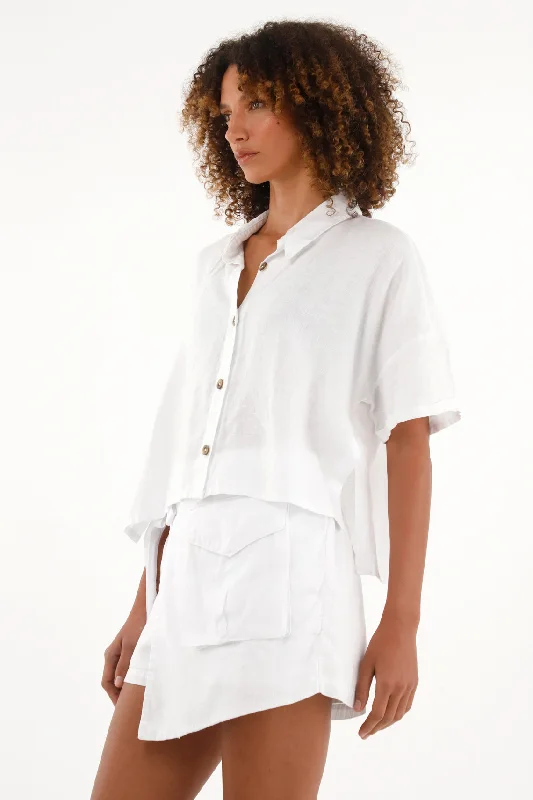 Women's 100% linen off-white shirt-- Print Jacquard Patchwork