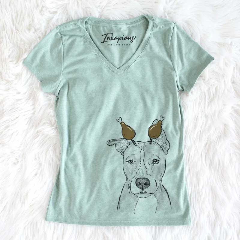 Thanksgiving Kisses the Pitbull - Women's V-neck Shirt-- Rayon Fabric Velvet Fabric Corduroy Fabric Thanksgiving Kisses the Pitbull - Women's V-neck Shirt-- Rayon Fabric Velvet Fabric Corduroy Fabric
