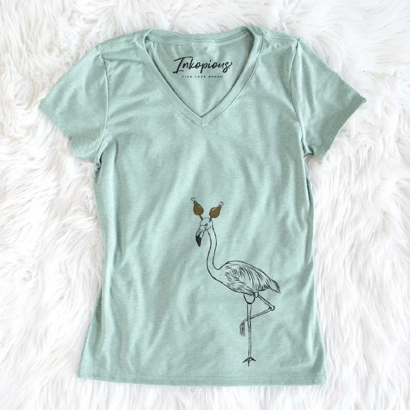 Thanksgiving Mango the Flamingo - Women's V-neck Shirt-- Denim Fabric Leather Fabric Suede Fabric Thanksgiving Mango the Flamingo - Women's V-neck Shirt-- Denim Fabric Leather Fabric Suede Fabric