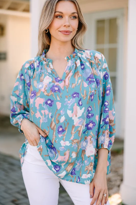 Take You With Me Teal Blue Floral Blouse Elegant Peplum Blouse