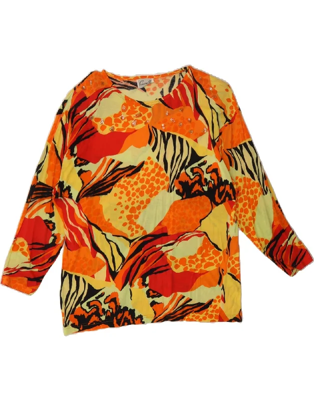 VINTAGE Womens Long Sleeve Blouse Top UK 16 Large Orange Animal Print Boho Printed Blouse