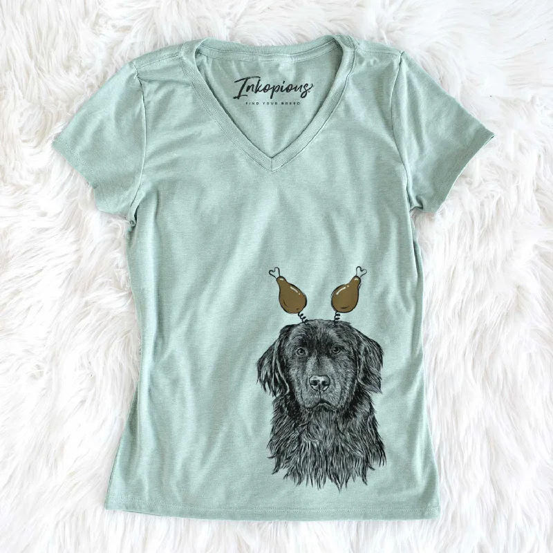 Thanksgiving Jinx the Newfoundland - Women's V-neck Shirt-- Welt Pockets Slit Pockets Thanksgiving Jinx the Newfoundland - Women's V-neck Shirt-- Welt Pockets Slit Pockets