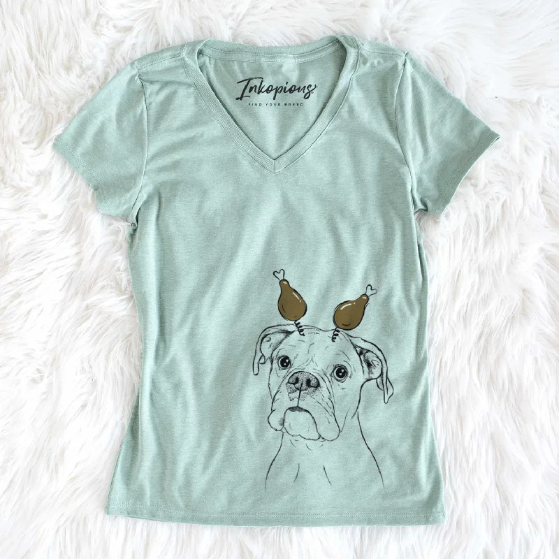 Thanksgiving Ellie the Boxer - Women's V-neck Shirt-- Mesh Blend Leather Blend Suede Blend Thanksgiving Ellie the Boxer - Women's V-neck Shirt-- Mesh Blend Leather Blend Suede Blend