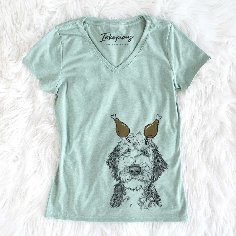 Thanksgiving Milo Fluff the Sheepadoodle - Women's V-neck Shirt-- Casual Formal Business